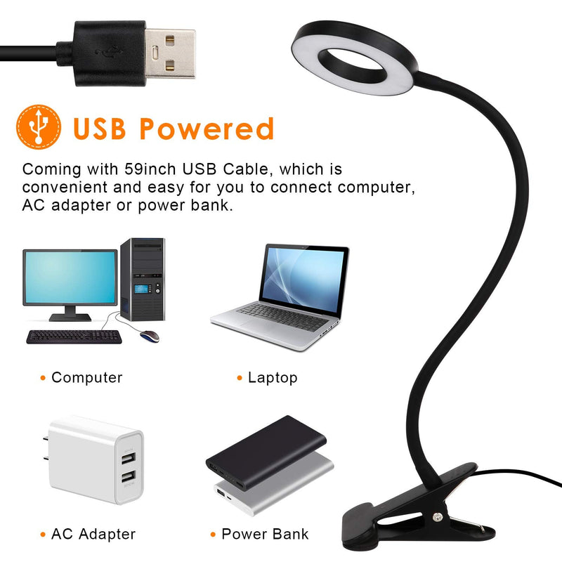 [Australia - AusPower] - Clip On Light Reading Light Lamp,48 LED Dimmable Gooseneck Clamp Desk Light Lamp,3 Light Color Clip On Ring Light for Books in Bed Headboard Computer Laptop Webcam Zoom(Black) Black 