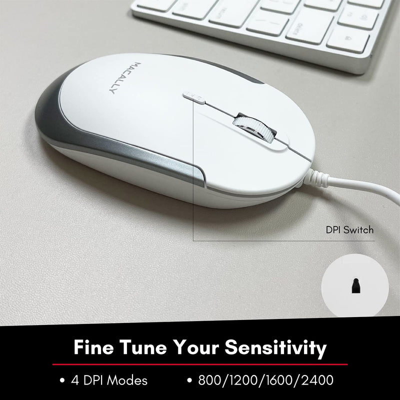 [Australia - AusPower] - Macally Silent Wired Mouse - Slim & Compact USB Mouse for Laptop/Desktop Windows PC or Apple Mac - Designed with Optical Sensor & DPI Switch - Simple & Comfortable Wired Computer Mouse (White) White with Silver Trim 