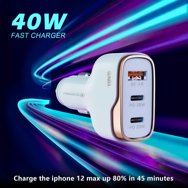 [Australia - AusPower] - SUNDA USB C 40W Fast Car Charger, 3-Ports Car Charger Adapter, Dual Type C PD 20W Compatible with iPhone 13/12 Pro/Max/iPhone11/Pad Pro/Galaxy/Samsung, 18W QC3.0 for Android CC53-2C1A 