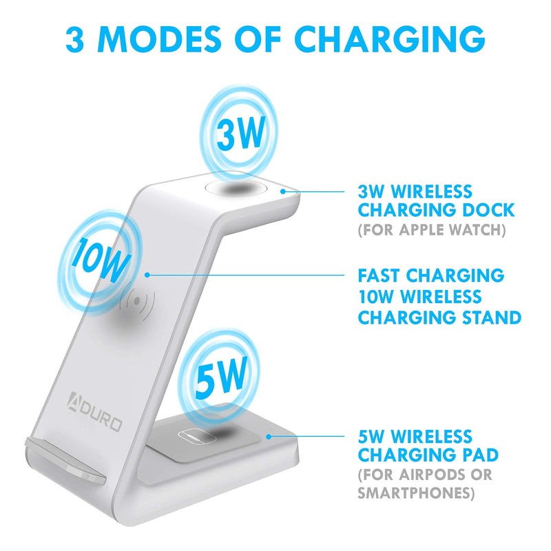 [Australia - AusPower] - Aduro PowerUp Trinity Pro 3 in 1 Wireless Charging Station for Apple Products Qi Fast Charging Dock for iWatch, Apple Airpods/Airpod Pro, iPhone 12/12 Pro/SE/11/11 Pro Max/XR/XS Max/XS/X/8/8P White 