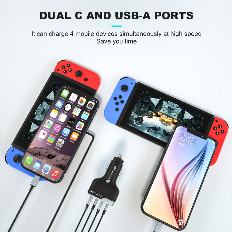 [Australia - AusPower] - SUNDAREE 4 USB c Ports Car Charger Fast Charging Cigarette Lighter Adapter, Dual QC 3.0 18W & PD 20W Car Phone Charger Compatible with iPhone 13 12 11 Pro Max X Xs, Samsung 