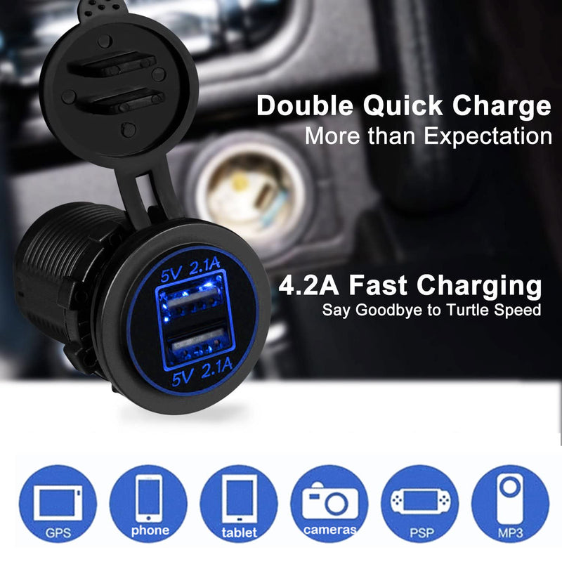 [Australia - AusPower] - [5 Pack] 12V USB Outlet, Dual USB Quick Charger Socket Waterproof Power Outlet 12V/24V 2.1A & 2.1A for Car Golf Cart Boat Marine Bus Truck RV Marine Motorcycle, Blue LED 