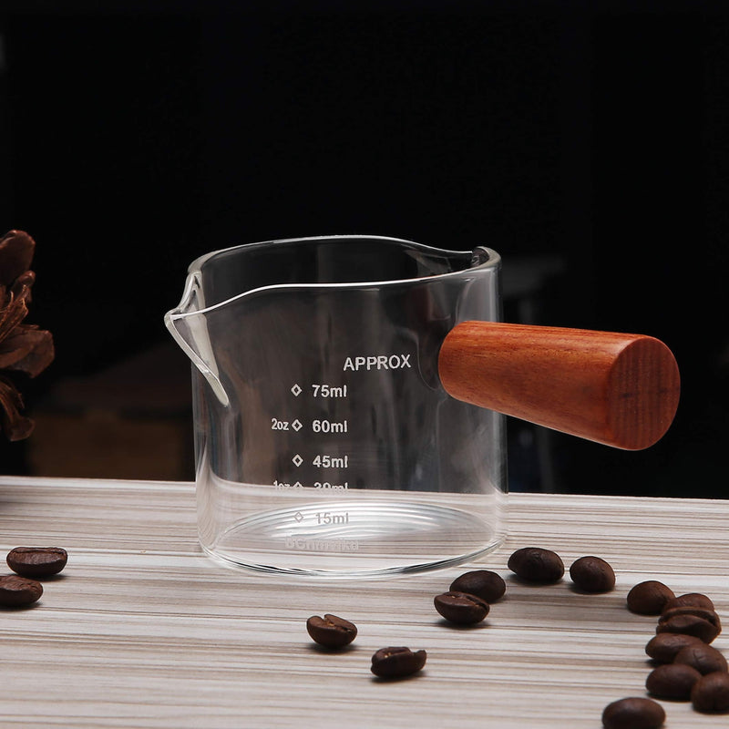 [Australia - AusPower] - 1 Pack Double Spouts Measuring Triple Pitcher Milk Cup with Wood Handle 75ML Espresso Shot Glasses Parts Clear Glass By BCnmviku 1 