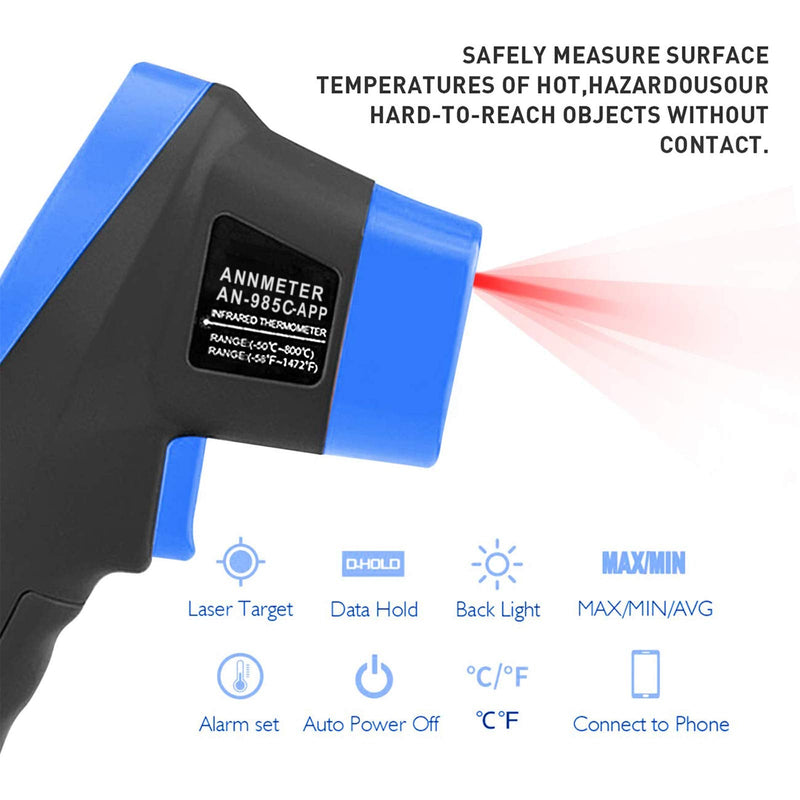 [Australia - AusPower] - Digital Infrared Thermometer-Non Contact High Temperature Gauge,Bluetooth APP Connectable Temp Gun Tester -58~1472°F with Data Logger for Cooking HVAC Kiln ANNMETER AN-985C-APP(NOT for Human Temp) 
