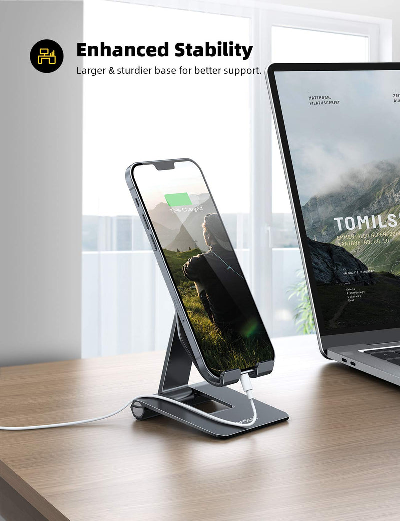 [Australia - AusPower] - Lamicall Adjustable Cell Phone Stand for Desk - Foldable Aluminum Desktop Phone Holder Cradle Dock, Compatible with Phone 13 12 Mini 11 Pro Xs Xs Max Xr X 8 7 6 6s Plus Smartphones, Tablets (4-11'') Black 