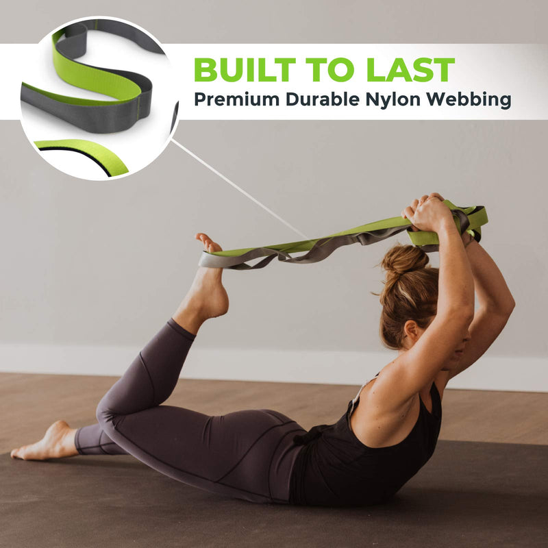 [Australia - AusPower] - Gradient Fitness Stretching Strap for Physical Therapy, 12 Multi-Loop Stretch Strap 1.5" W x 8' L, Neoprene Handles, Physical Therapy Equipment, Yoga Straps for Stretching, Leg Stretcher Green/Grey 