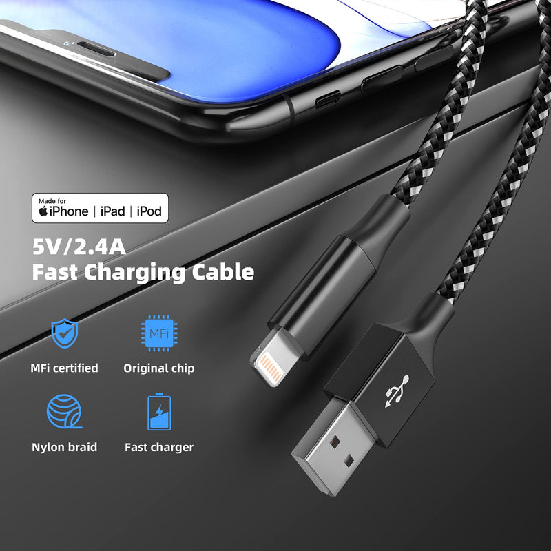 [Australia - AusPower] - iPhone Charger Cable 2022 Upgrade Apple MFi Certified Lightning Cable 3Pack 10FT Nylon Braid iPhone Charging Cord Fast Syncing Compatible with iPhone 13/12/11 Pro Max Xs X XR 8 7 iPod and More Whiteblack 