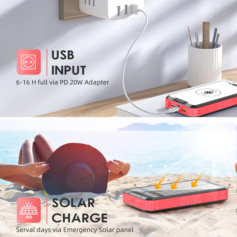 [Australia - AusPower] - Solar Power Bank 30000mAh PD 20W Solar Charger with 10W Wireless Charger, Dual USB & Type-C Port, QC 3.0 Fast Charging, IP67 Waterproof Solar Phone Charger with Bright Camping Flashlight 