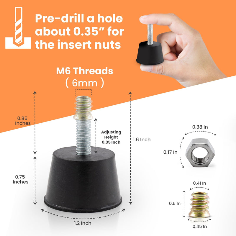 [Australia - AusPower] - NEWBYTEK M6 Thread Rubber Furniture Leveling Feet Screw in Threaded Furniture Levelers Adjustable Table Chair Levelers Feet Glides for Chairs Tables Cabinet Patio Furniture - 8 Pack 