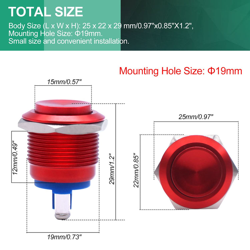 [Australia - AusPower] - Twidec/19mm Waterproof Red Metal Shell Momentary Raised Top Push Button Switch 3A/12~250V SPST 1NO Start Button for car Modification Switch（Quality Assurance for 1 Years） M-19-R-G 