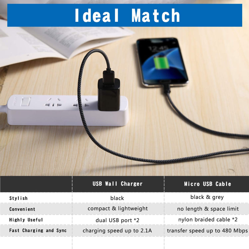 [Australia - AusPower] - Android Charger Cable, HI-CABLE Micro USB Cable [2 Pack/6FT] with 2-Pack Dual Port USB Wall Charger Fast Charging Compatible with Samsung Galaxy S7 S6 J8 J7 Note 5,Kindle,LG,PS4,Camera (Black) 