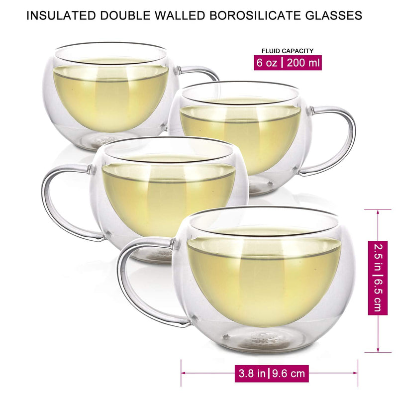 [Australia - AusPower] - Teabloom Modern Classic Insulated Cups – 6 oz / 200 ml – Set of 4 Double Walled Glass Cups for Tea or Coffee 4 Count (Pack of 1) 