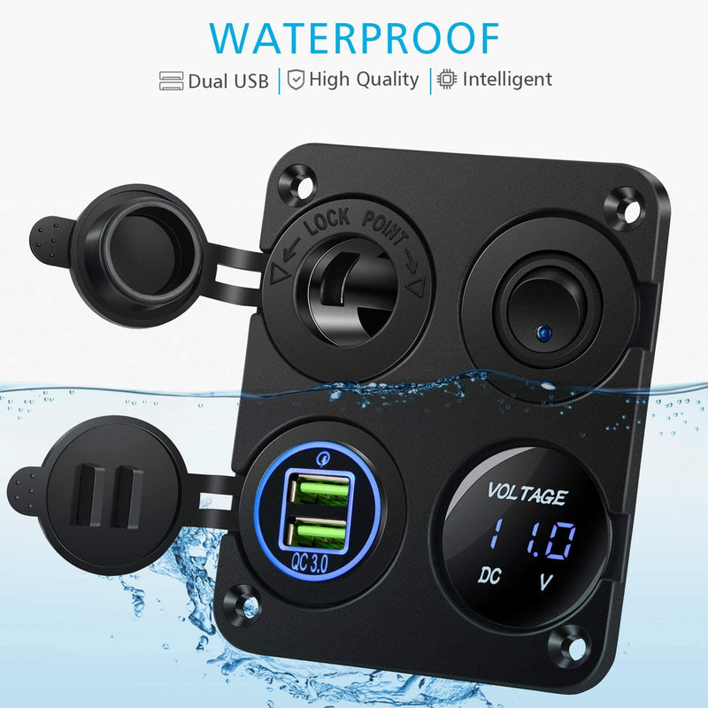 [Australia - AusPower] - Kohree 12V Marine Car Charger Socket Panel, 4 in 1 Waterproof Boat Cell Phone Rocker Switch Panel with Dual QC3.0 USB Power Outlet Cigarette Lighter Socket for RV Marine Boat Camper Truck Automotive 