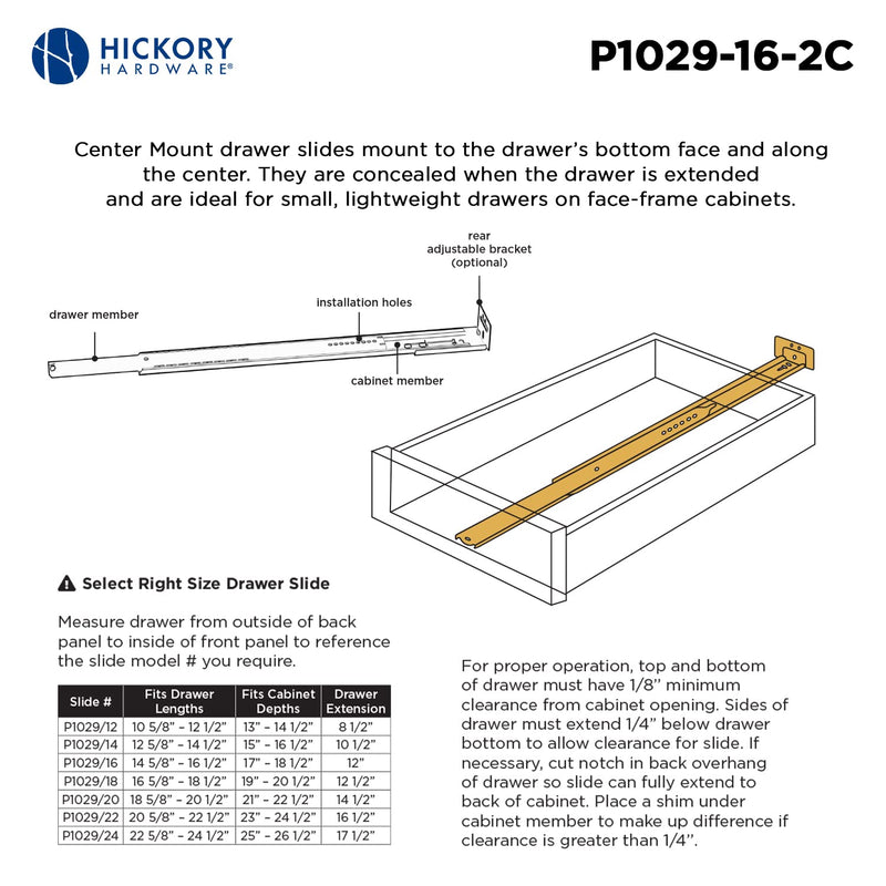 [Australia - AusPower] - Hickory Hardware P1029/16-2C 16-Inch Center Mount Drawer Slide, Cadmium 