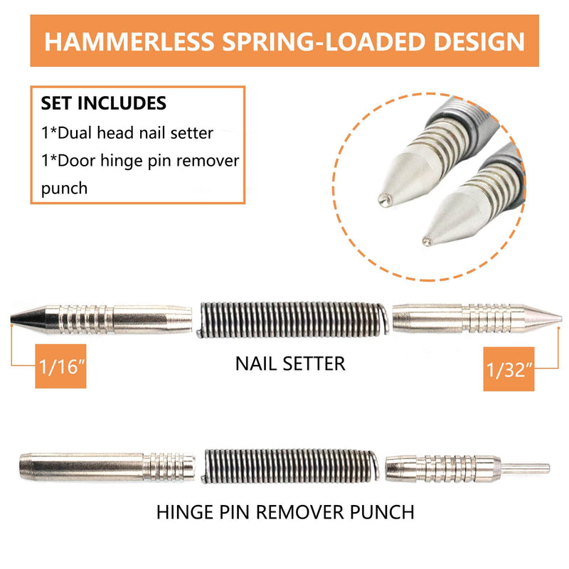 [Australia - AusPower] - WHLLING 2-Piece Dual Head Nail Setter and Hinge Pin Punch Set, Hammerless 1/32″& 1/16″Nail Set, 3500 PSI Striking Force Door Pin Removal Tool 