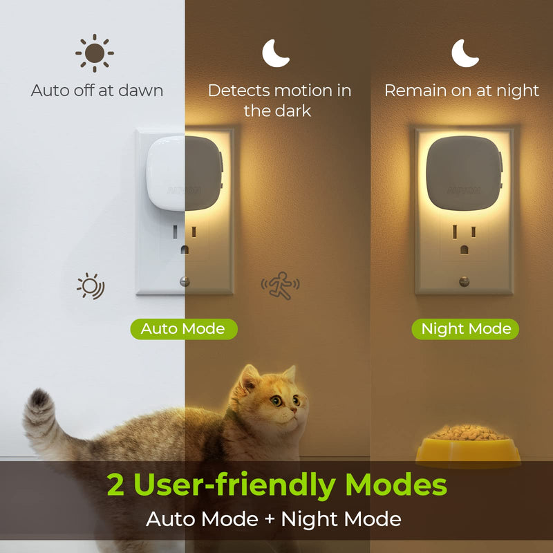 [Australia - AusPower] - AUVON Plug-in LED Backlit Night Light with Motion Sensor & Dusk to Dawn Sensor, Dimmable Warm White Nightlight with 1-50 lm Adjustable Brightness for Bedroom, Bathroom, Stairs, Hallway (4 Pack) 