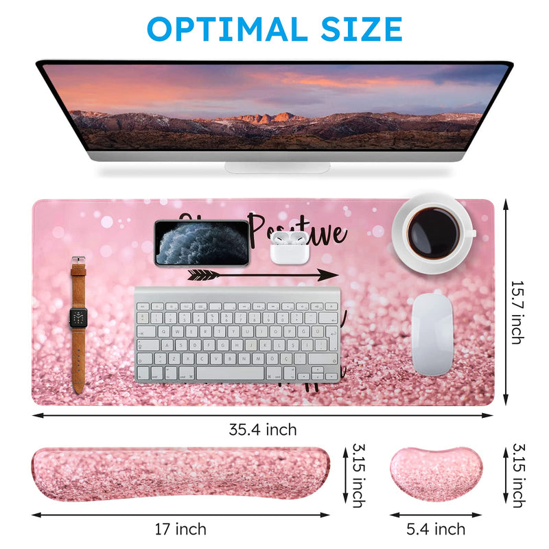 [Australia - AusPower] - iCasso Keyboard Mouse Pad Set,Extended Gaming Mouse Pad+Keyboard Wrist Rest Support , Memory Foam, Easy Typing Pain Relief, 3Pcs (35.4×15.7 in) XXL Ultra Thick Desk Mat -Pink Stay Positive A-Pink Stay Positive 