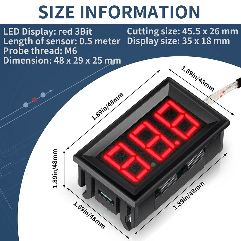 [Australia - AusPower] - 2 Pieces -30-800 Degree Centigrade Digital Temperature Meter with 0.5 m K-Type Thermocouple Temperature Sensor and 2-Wires Reverse Polarity Protection with Red LED Display Black Case 