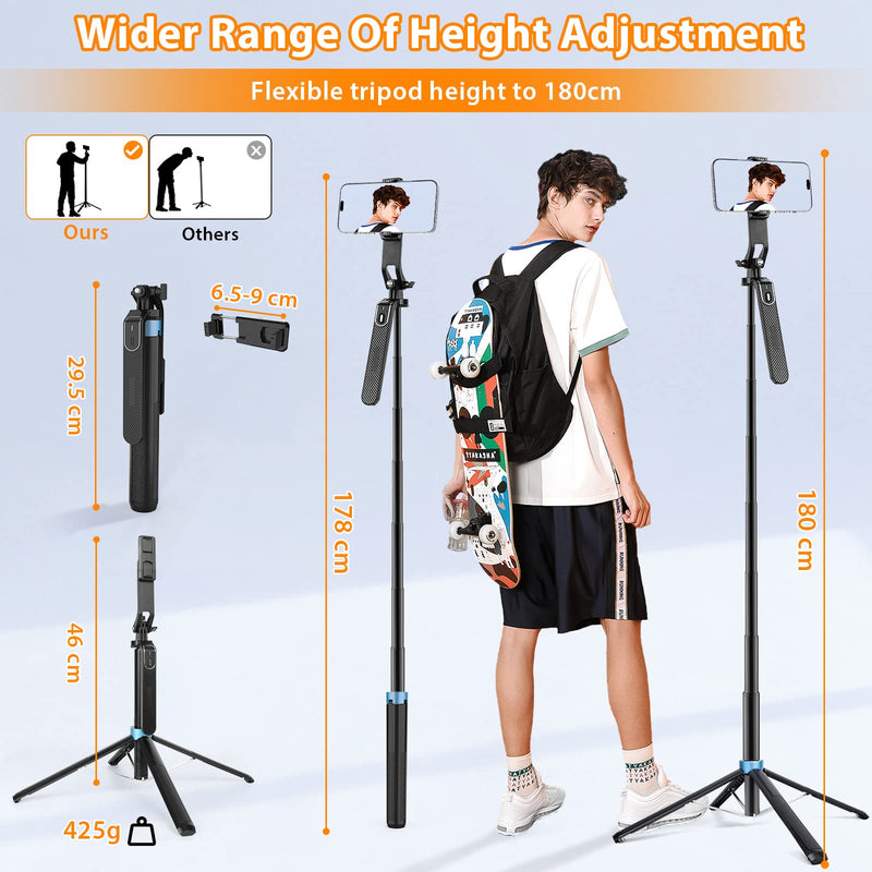 [Australia - AusPower] - Eocean 71" Tall Selfie Stick Tripod Quadripod with Remote & Video Balance Handle, Aluminum Alloy Extendable Cell Phone Tripod Stand, Travel Tripod Phone Holder Compatible with iPhone/Android/GoPro 