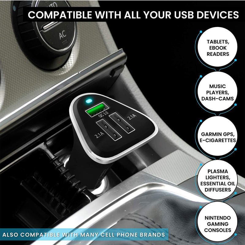 [Australia - AusPower] - Vano Fast 3 Port USB Car Charger with Qualcomm Quick Charge 3.0 - Cigarette Lighter Socket Adapter to Recharge Any USB Device - Compatible with Samsung Galaxy, iPhone and More 
