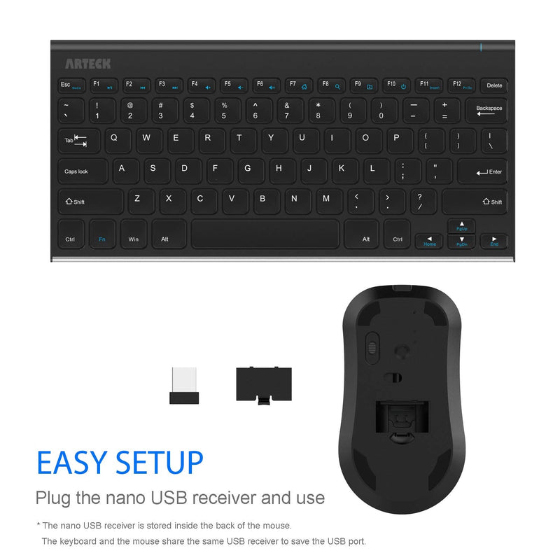 [Australia - AusPower] - Arteck 2.4G Wireless Keyboard and Mouse Combo Ultra Compact Slim Stainless Full Size Keyboard and Ergonomic Mouse for Computer / Desktop / PC / Laptop and Windows 10/8/7 Build in Rechargeable Battery 