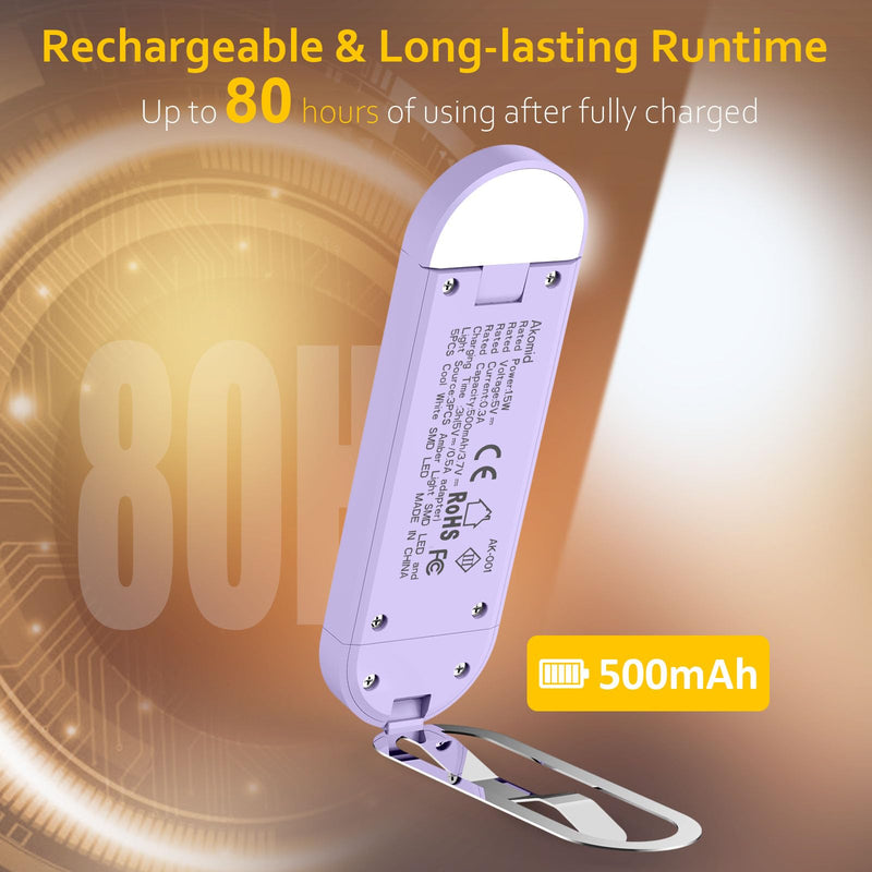 [Australia - AusPower] - Akomid Book Light, USB Rechargeable Reading Light, Eye-Cared Amber Light Mode Book Light for Reading in Bed Kids, 8 LEDs Bookmark Portable Book Light Clip on, Stepless Dimming, Purple 