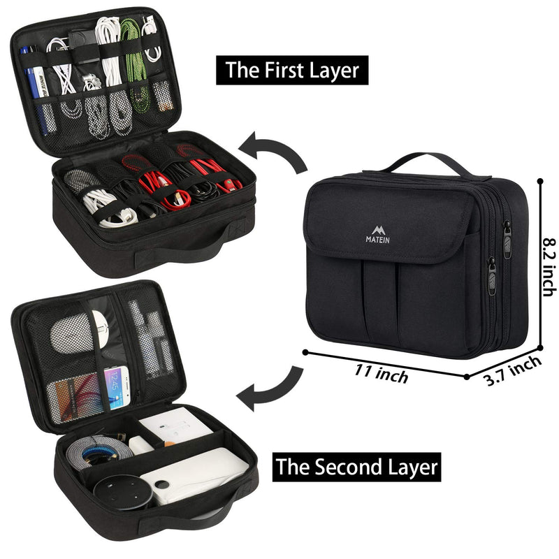 [Australia - AusPower] - Matein Electronics Organizer, Waterproof Travel Electronic Accessories Case Portable Double Layer Cable Storage Bag for Cord, Charger, Power Bank, Flash Drive, Phone, Ipad Mini, SD Card, Tablet, Black 