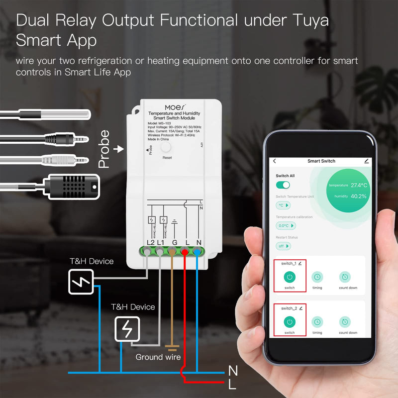 [Australia - AusPower] - MOES WiFi Smart Temperature and Humidity Switch Module Sensor, Dual Relay Output Controller, Smart Life Tuya App Wireless Remote Control, Programmable Thermostats Kit Works with Alexa Google Home Switch Module + Temperature and Humidity Probe 