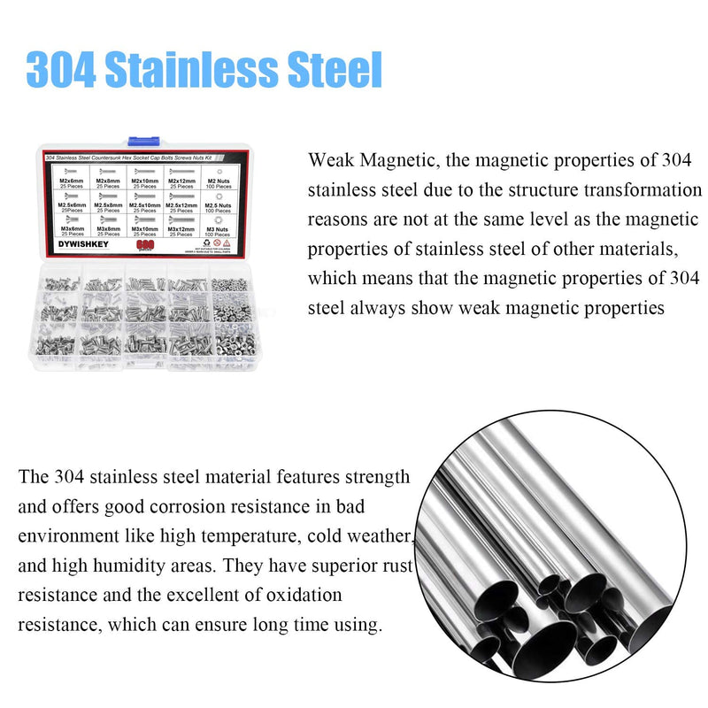 [Australia - AusPower] - DYWISHKEY 600 PCS Metric M2 M2.5 M3, 304 Stainless Steel Flat Head Countersunk Socket Cap Bolts Screws Nuts Assortment Kit with Hex Wrenches 