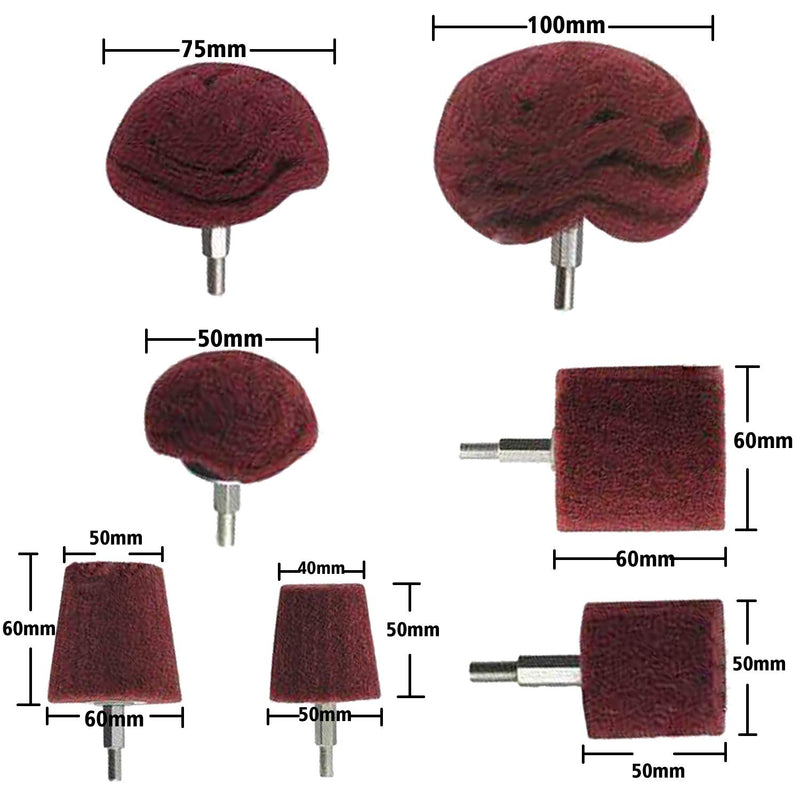[Australia - AusPower] - Polishing (brushing) shaped scouring pad grinding head - 7Pcs Red Non Woven Abrasive Drill Buffing Attachment Set with 1/4 Handle for Manifold/Aluminum/Stainless Steel/Chrome etc. 