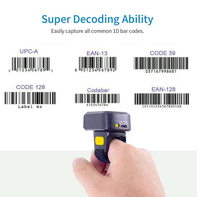 [Australia - AusPower] - Symcode Wireless Bluetooth Barcode Scanner with Bluetooth & 2.4GHz Wireless & Wired Connection, Portable Ring Wearable Finger 1D Mini Bar Code Reader Scanner 1D Ring Scanner 