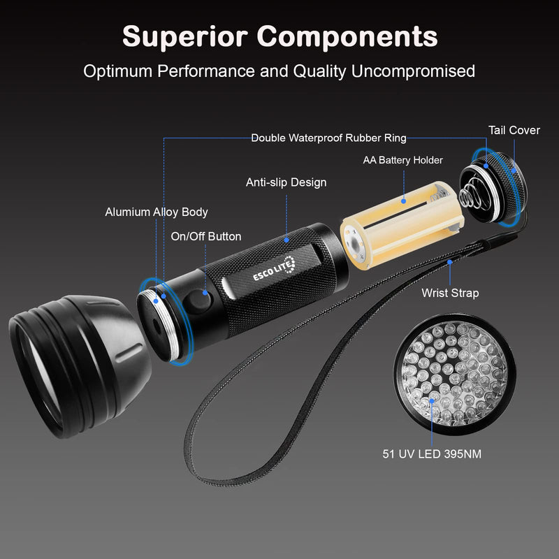 [Australia - AusPower] - Escolite UV Flashlight Black Light, 51 LED 395 nM Ultraviolet Blacklight Detector for Dog Urine, Pet Stains and Bed Bug 1 Count (Pack of 1) 