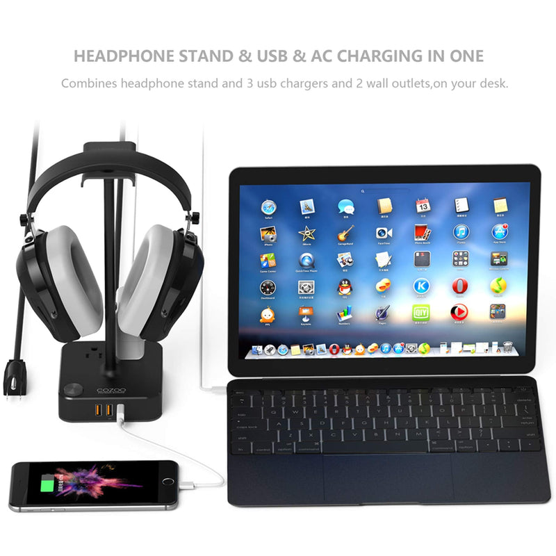 [Australia - AusPower] - Headphone Stand with USB Charger COZOO Desktop Gaming Headset Holder Hanger with 3 USB Charger and 2 Outlets - Suitable for Gaming, DJ, Wireless Earphone Display (Black) 1.Black 