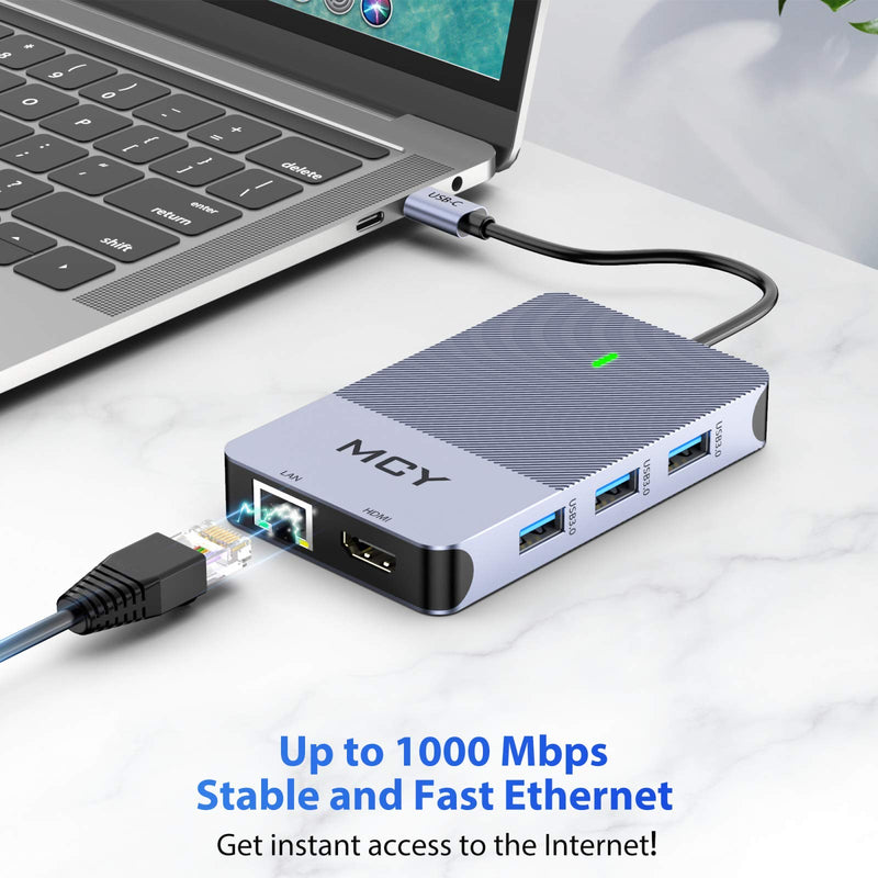 [Australia - AusPower] - USB C Hub, MCY 8-in-1 USB C to Ethernet Hub Adapter with 4K USB C to HDMI, USB 3.0 Ports, USB C PD Charging Port, SD/TF Card Reader Compatible with MacBook Pro, XPS and More Type C Devices Gray 
