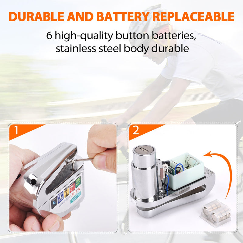 [Australia - AusPower] - JACOOL Disc Brake Lock Alarm Wheel Disc Lock Motorcycle Alarm with 110db Alarm Sound Security, Disc Brake Lock Anti-Theft Waterproof Security Lock with 5ft Reminder Cable for Bike Motorbike Scooter Silver 