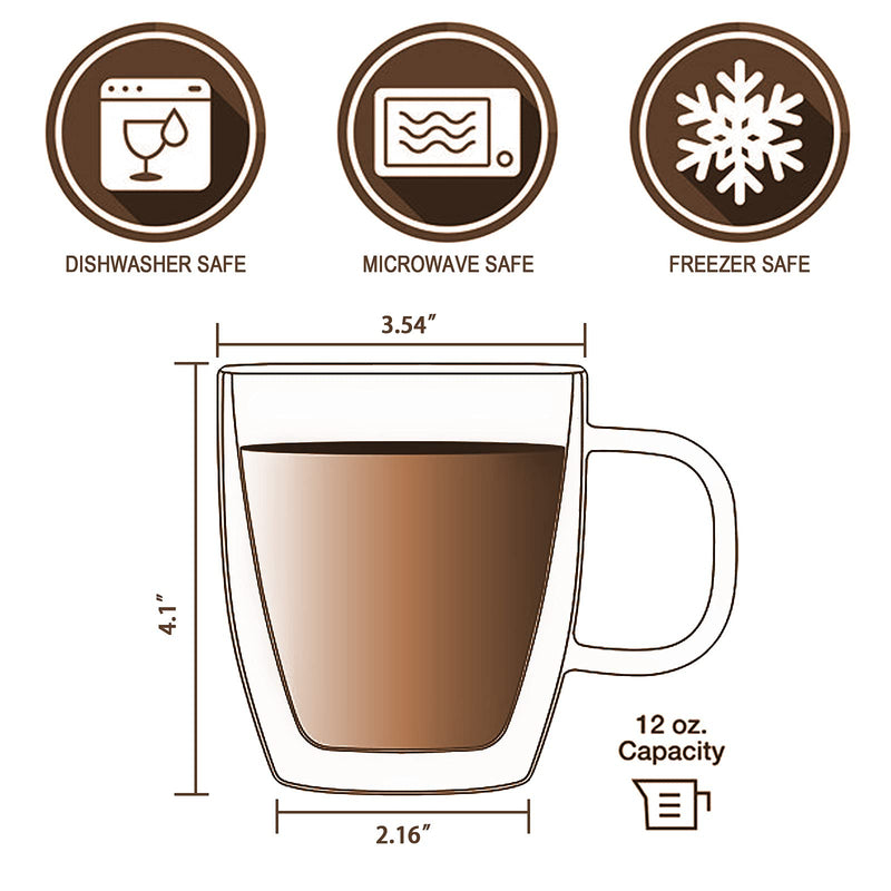 [Australia - AusPower] - Glass Coffee Mug, Double Wall Insulated Glass Cup 12 Oz Heat-resistant Clear Coffee Mug for Tea Coffee Latte Espresso Cappuccino and Beverage, Set of 1 (Round) 