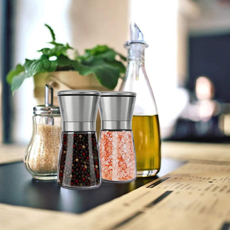 [Australia - AusPower] - Herda 2 Pack Refillable Salt and Pepper Grinders Set - Pepper Mill with Stainless Steel Head- Short Glass Shakers with Adjustable Coarseness for Sea Salt, Black Peppercorn, Spices 6oz 