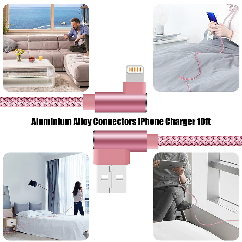 [Australia - AusPower] - Lightning Cable 10 ft 3 Pack MFi Certified 90 Degree iPhone Charger Nylon Braided Double Right Angle iPhone Charging Cable for iPhone 13 12 11 Pro X XS XR 8 Plus 7 6 5(Rose Gold,10 Foot) Rose gold 