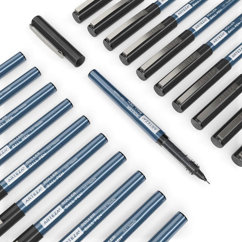[Australia - AusPower] - Arteza Rollerball Pens Fine Point, Set of 20 Black Liquid Ink, Extra Fine 0.5 mm Needle Tip Pen, Make Precise Lines, Office Supplies for Writing, Notetaking, and Drawing 20 pack - 0.5 mm 
