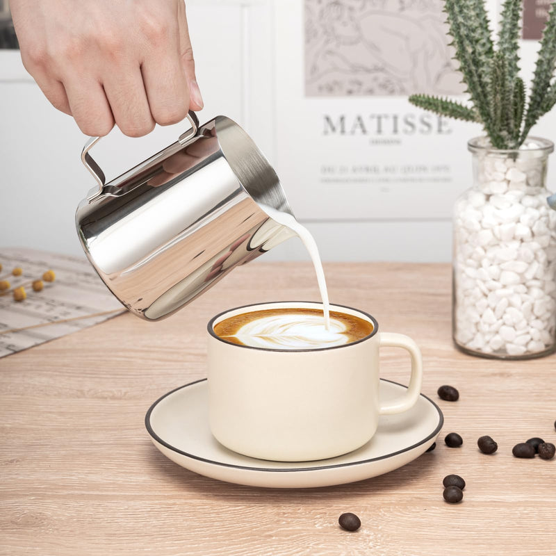 [Australia - AusPower] - Amrules Milk Frothing Pitcher, 12oz Milk Frother Cup with Clear Scale, 304 Stainless Steel Cappuccino Espresso Machine Accessories for Barista Coffee Bar with Latte Art Pen, Silver 12 oz 
