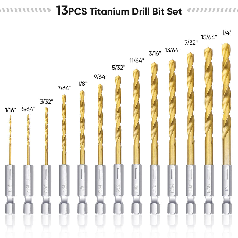 [Australia - AusPower] - TICONN 13 PCS Titanium Coated Drill Bit Set with Hex Shank, 135 Degree Tip High Speed Steel Drill Bits Kit with Storage Case for Steel, Aluminum, Copper, Soft Alloy Steel, Wood Size from 1/16" to 1/2" Hex Shank-13 