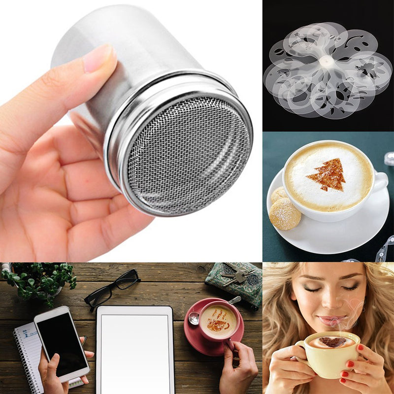 [Australia - AusPower] - 2 Stainless Steel Powder Shakers, SENHAI Mesh Shaker Powder Cans for Coffee Cocoa Cinnamon Powder with Lid, with 16 pcs Printing Molds Stencils 