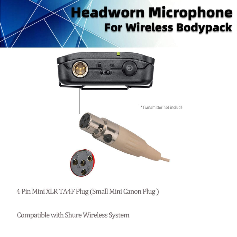 [Australia - AusPower] - Sujeetec Microphone Headset Discreet Headworn Earset Over Ear Mic for Shure Wireless System Bodypack Transmitter, Ideal for Lectures, Live Performance, Theater, Podcasts – Beige Mini XLR TA4F Plug(for Shure Only) 
