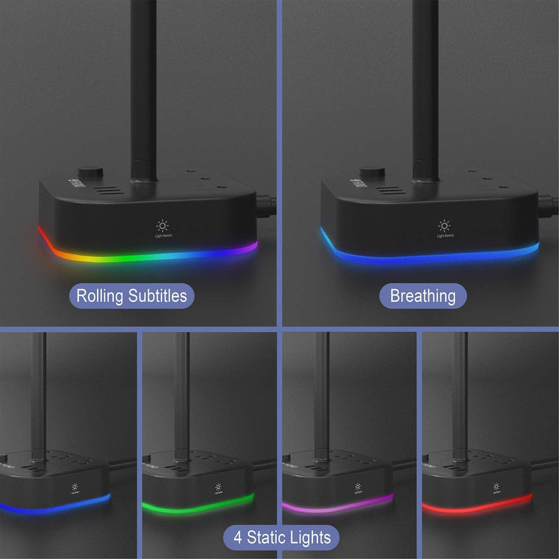 [Australia - AusPower] - TROND Headset Holder Headphone Stand with USB Charger & Power Strip 2 in 1, RGB Earphone Hanger Accessories 3 USB Charging Port, 3 AC Outlet for Desk Gaming, Desktop, DJ (Black) 