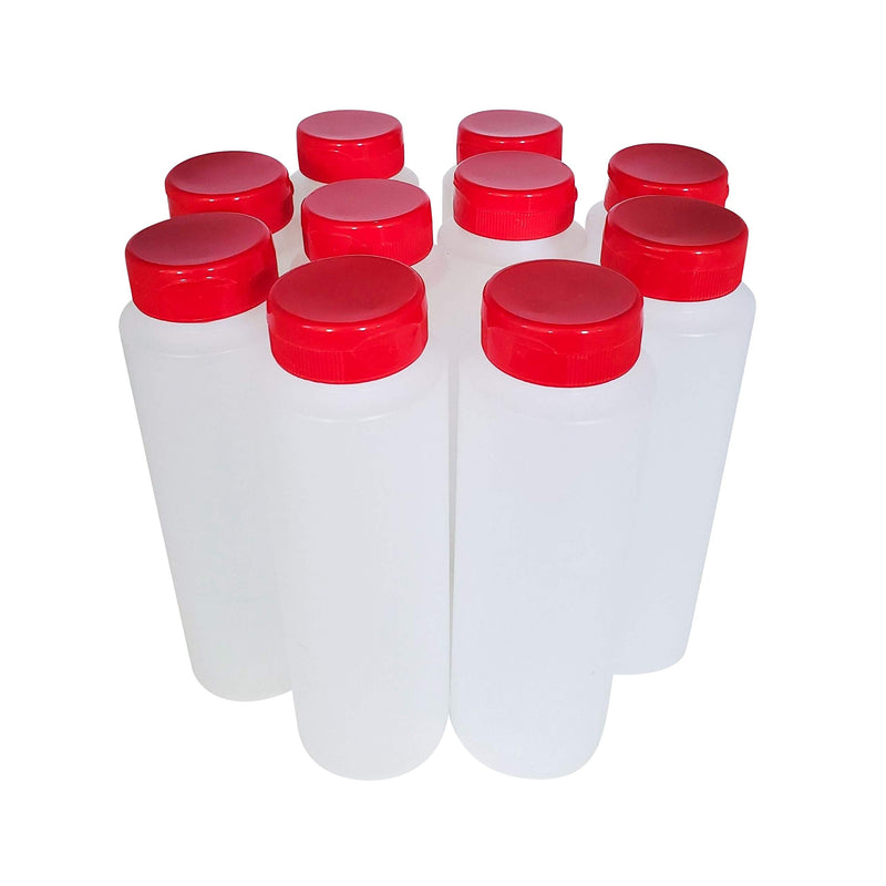 [Australia - AusPower] - kelkaa 8oz HDPE Plastic Squeeze Bottles with Wide Mouth Opening, Red Flip Top Caps for Condiments and Any Thick Liquid Products, Multi-Purpose Refillable Empty Bottles (Pack of 10) 