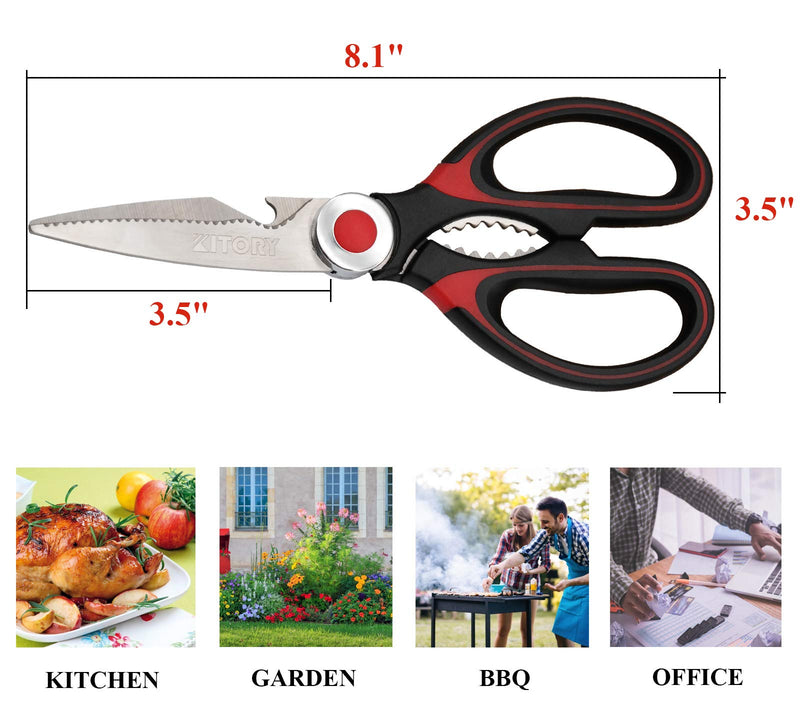 [Australia - AusPower] - KITORY Kitchen Shears Multi-Purpose Kitchen Scissors Ultra Sharp Heavy Duty Sissors with Sheath for Poultry/Chicken/Fish/Meat/Veggies/Office/BBQ Nut cracker Bottle Opener - Red&Black 