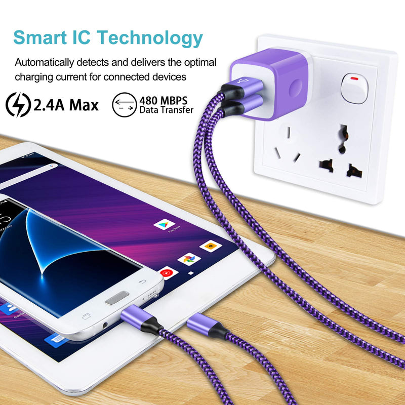[Australia - AusPower] - Android Charger Cable, 2-Pack 2.1A Dual Port USB Adapter Power Plug with 6FT Fast Charging Micro USB Cable Android Phone Charger for Samsung Galaxy S7 S6 S5 J7V J7 J8 Note 5, LG K50S K50 K40S K40 Purple 