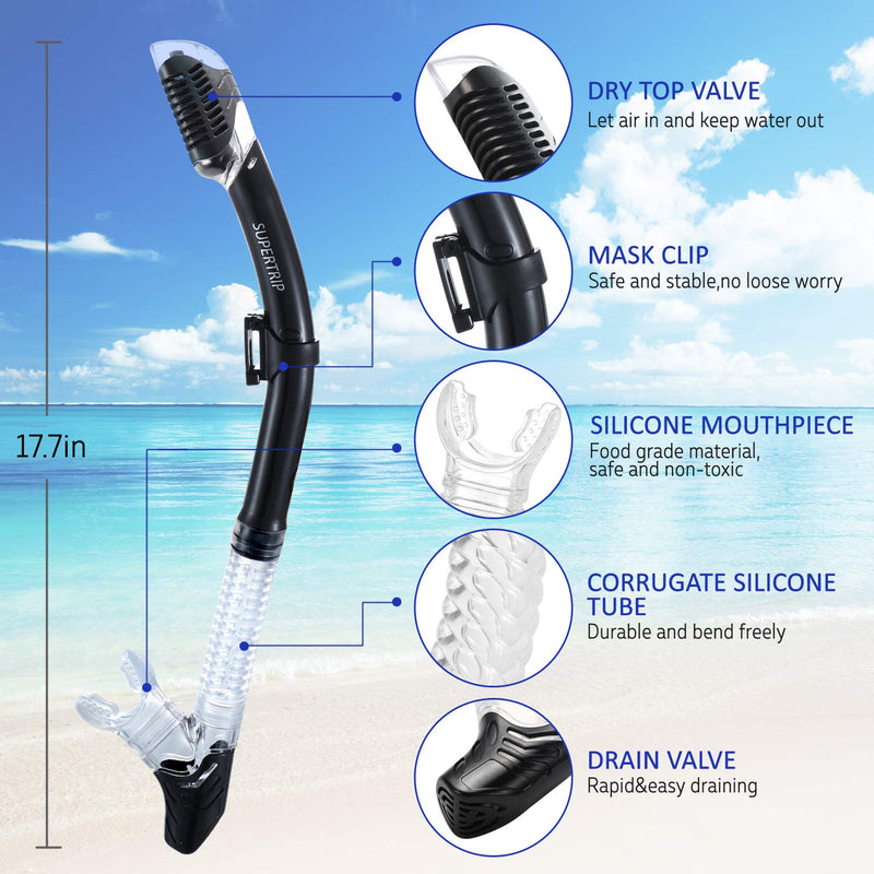 [Australia - AusPower] - Supertrip Dry Snorkel Adult, Scuba Diving with Splash Guard and Top Valve, Freediving Snorkeling Swimming Snorkel for Adults Youth Black 