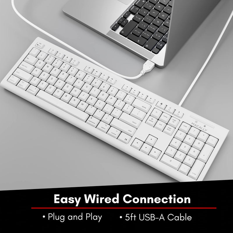 [Australia - AusPower] - Macally Full-Size USB Wired Keyboard for Mac Mini/Pro, iMac Desktop Computer, MacBook Pro/Air Desktop w/ 16 Compatible Apple Shortcuts, Extended with Number Keypad, Rubber Domed Keycaps - Spill Proof white 
