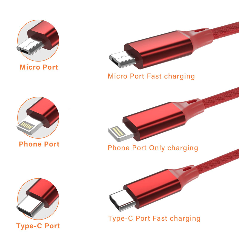 [Australia - AusPower] - Multi 3 in 1 USB Long iPhone Charging Cable, 3M/10Ft Braided PD 6A Fast Charging Cord USB C/Micro USB/Lightning Connector Universal Sync Charger Adapter for iPhones Android Huawei 10FT USB-A Cable Red 